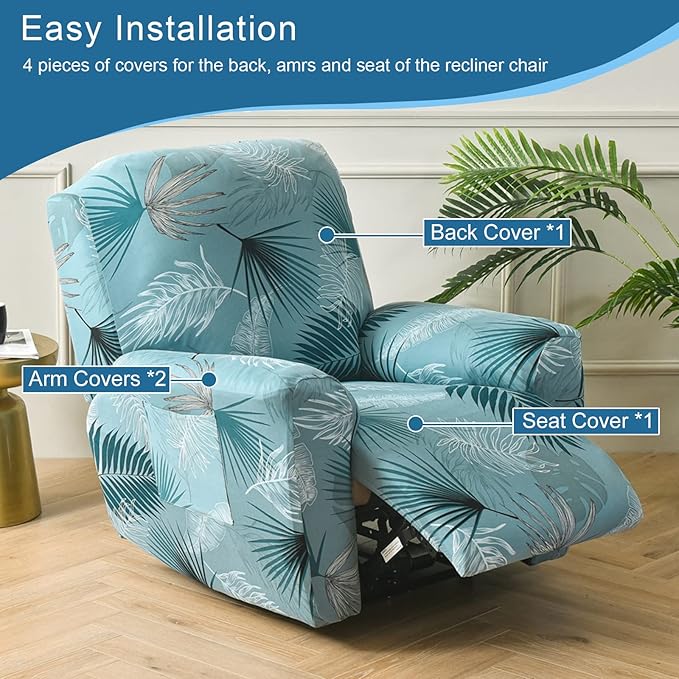 NILUOH Recliner Slipcover 4 Pieces Stretch Printed Lazy Boy Chair Covers with Side Pocket Recliner Sofa Couch Cover Anti-Slip Fitted Recliner Cover Furniture Protector with Elastic Bottom,19