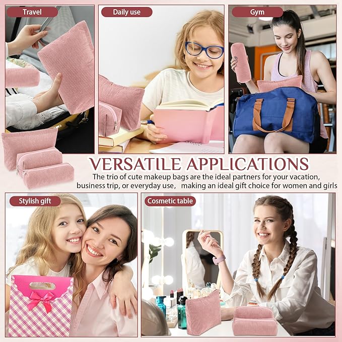 Huhumy 3 Pcs Makeup Bag Set for Women Corduroy Cosmetic Pouch Aesthetic Smile Travel Toiletry Bag Cute Purse Pouch Pencil Case Makeup Brushes Storage Organizer for Valentine(Pink,Solid Style)
