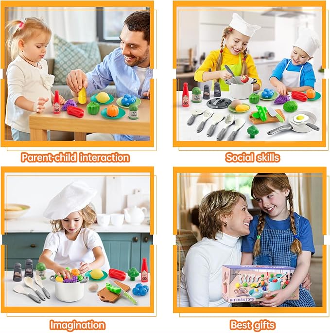 35Pcs Kids Kitchen Toy Accessories, Toddler Pretend Cooking Playset with Play Pots and Pans, Utensils Cookware Toys, Play Food Set, Toy Vegetables, Learning Gift for Girls Boys (White)