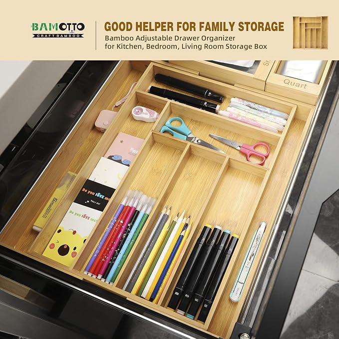 BAMOTTO CRAFTBAMBOO Expandable Bamboo Drawer Organizer – Large 20"x16.9" Size with Adjustable Dividers – for Kitchen Utensils, Knives, Cutlery, Flatware & Silverware Storage Tray