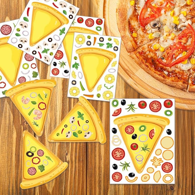 60 Pcs Pizza Party Favors Set Temporary Tattoos, Slap Bracelets, Keychains, Badges and Stickers for Pizza Themed Birthday Parties