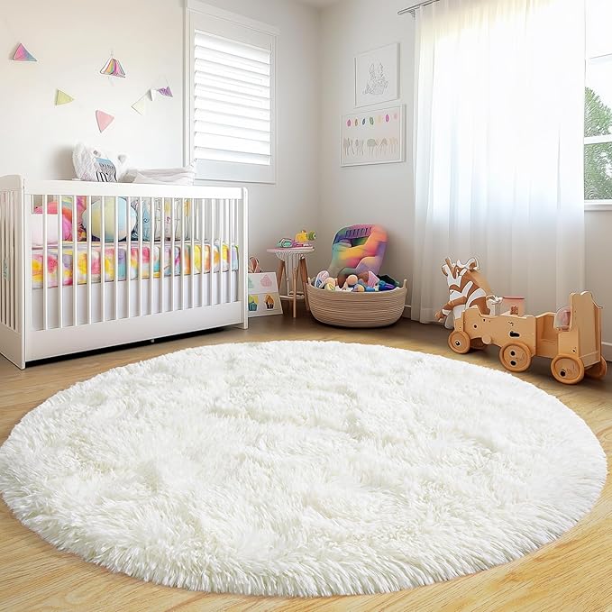 Xexsin Round Fluffy Rugs 6Ft for Girls Bedroom, Cream White Shag Circle Kids Rug Non-Slip for Bedside Dorm Nursery Playroom, Soft Cute Area Rugs for Living Room Decor