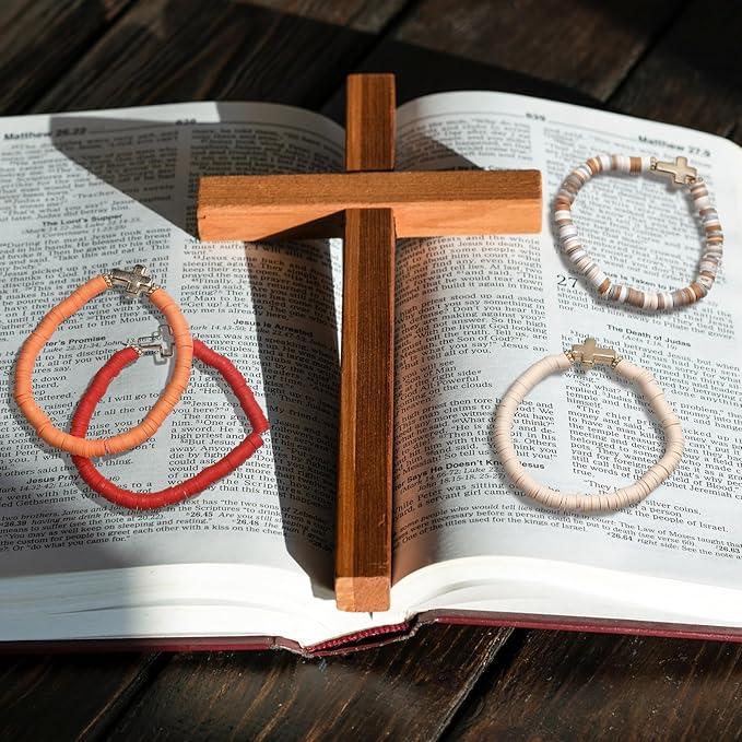 48 Pcs WWJD Bracelets What Would Jesus Do Bracelets for Women, Christian Wristbands Pack Handmade Elastic Beaded Wristbands Inspirational Religious Jewelry Gift for Girls Her(Cross)