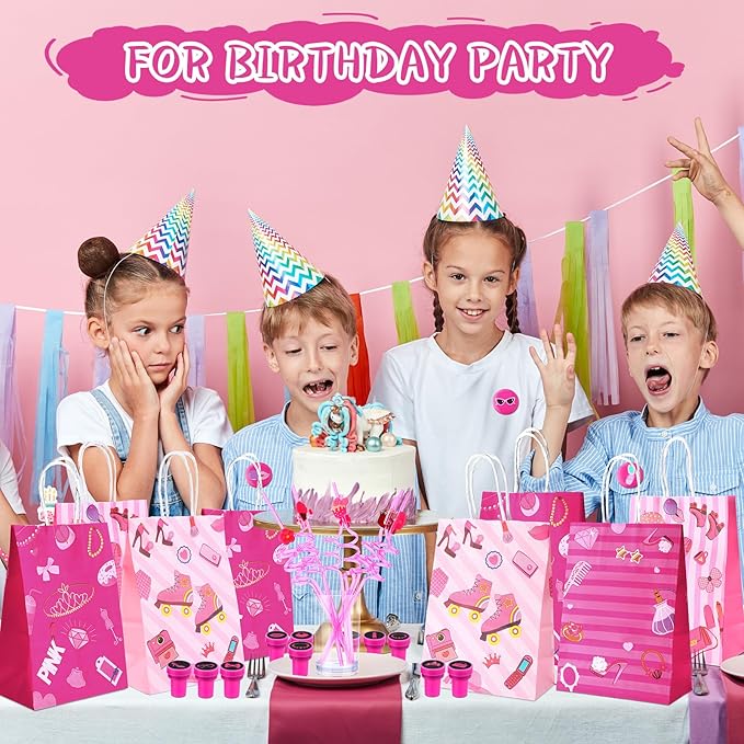 96 Pcs Pink Party Favors Hot Pink Princess Party Gifts Set Include Tattoos, Bracelets, Keychains, Badges, Toy Stamps, Straws, Gifts Bags, Bubble Water for Hot Pink Girls