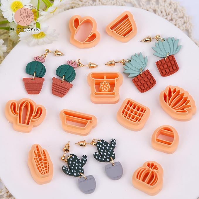 Puocaon Potted Plant Clay Cutters - 10 Pcs Cactus Clay Cutters for Polymer Clay Earrings, Embossing Clay Cutters for Polymer Clay Jewelry Making, 3D Print Flower Pot Polymer Clay Jewelry Cutters