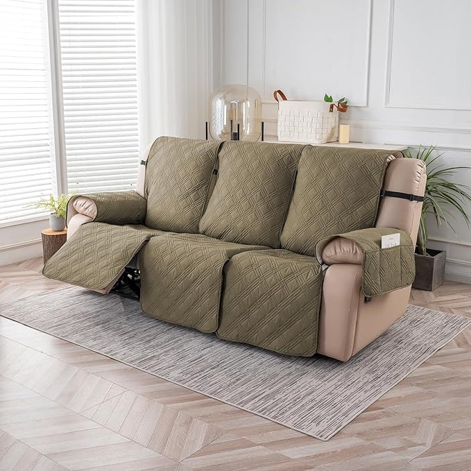 Easehomey Waterproof Recliner Sofa Cover,Non-Slip Reclining Sofa Covers for 3 Seat,Washable Reclining Sofa Cover Furniture Protector with Elastic Straps Pocket for Kids, Pets(Khaki,3Seat)
