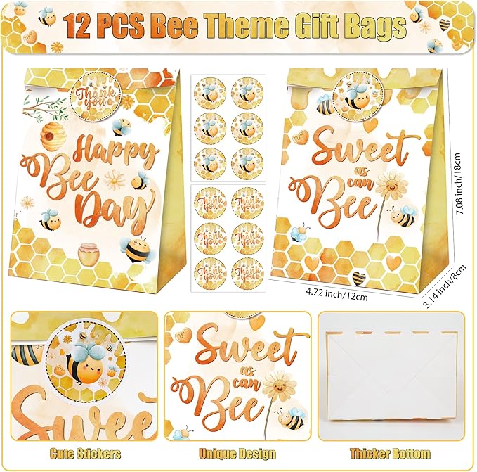 Erweicet Bee Party Favors 72 PCS Cute Bee Slap Bracelets DIY Stickers Honeycomb Temporary Tattoos Keychain Plastic Straws Gift Bags for Bee Day Theme Kids Birthday Party Baby Shower Party Supplies