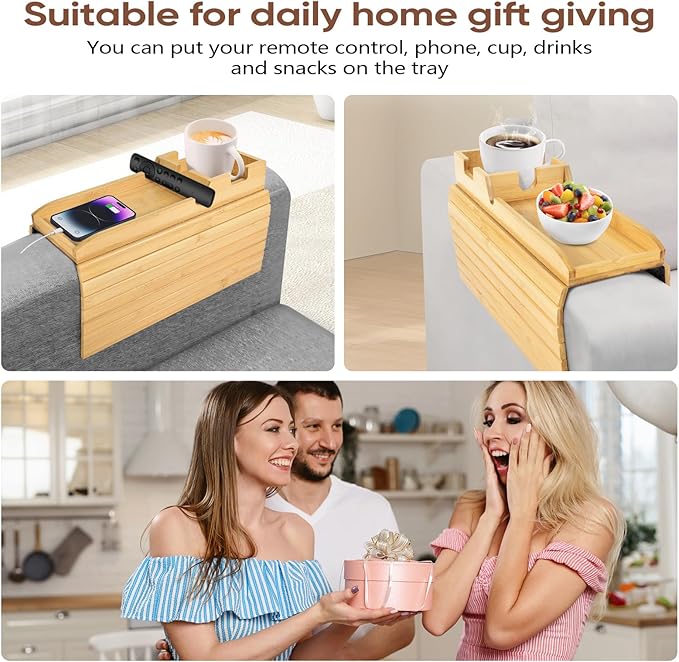 Foldable Bamboo Couch Arm Tray with Cup Holder - Anti-Slip Sofa Armrest Organizer for Drinks, Snacks, Remotes, Phones & More - Eco-Friendly Home Decor Gift (Bamboo)