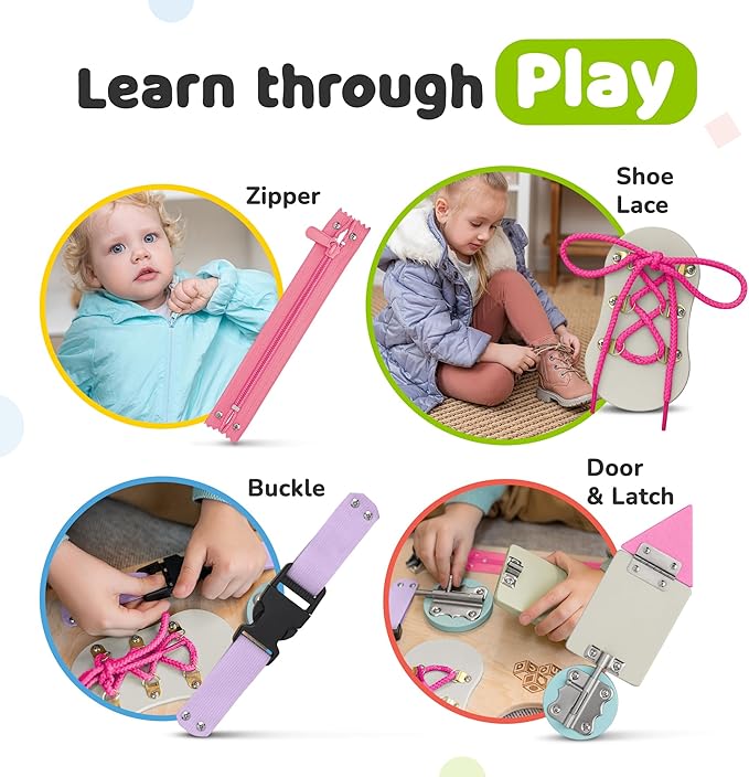 Busy Board Montessori Toys for Toddlers, Sensory Wooden Toy with 10 Preschool Learning Activities for Fine Motor Skills, Educational Plane and Car Travel Toy for Toddlers Boys and Girls