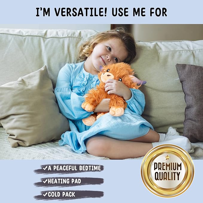 Happy Fuel Highland Cow Microwavable 1.5lbs Unscented Heating Pad for Women & Kids- Cute Soft Cozy Pillow Plush Heatable Warm Stuffed Animals- Kawaii Hot & Cold Plushie Toy- Cow Gifts for Girls & Boys