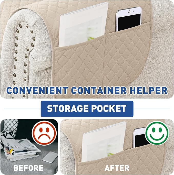 XINEAGE Quilted Chair Sofa Cover Waterproof Chair Covers for Armchair, Super Soft Washable Slipcover with Pockets & Non-Slip Elastic Straps, Thick Furniture Protector (Chair, Beige)