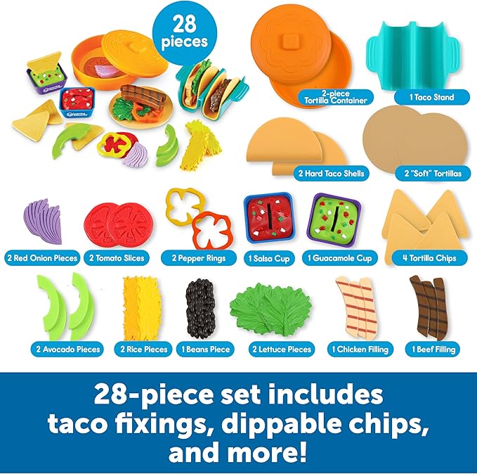 Learning Resources New Sprouts Taco Night! 28 Pieces - Play Food for Kids Ages 18+ Months, Grocery Store Pretend Play Toys, Play Kitchen Accessories