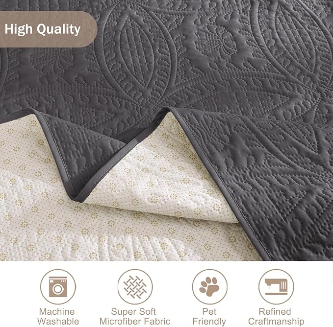 Water Repellent Gray Loveseat Cover for 2 Cushion Couch, Machine Washable Love Seat Quilted Couch Covers, Pet Friendly Slipcovers (Loveseat 48", Gray)