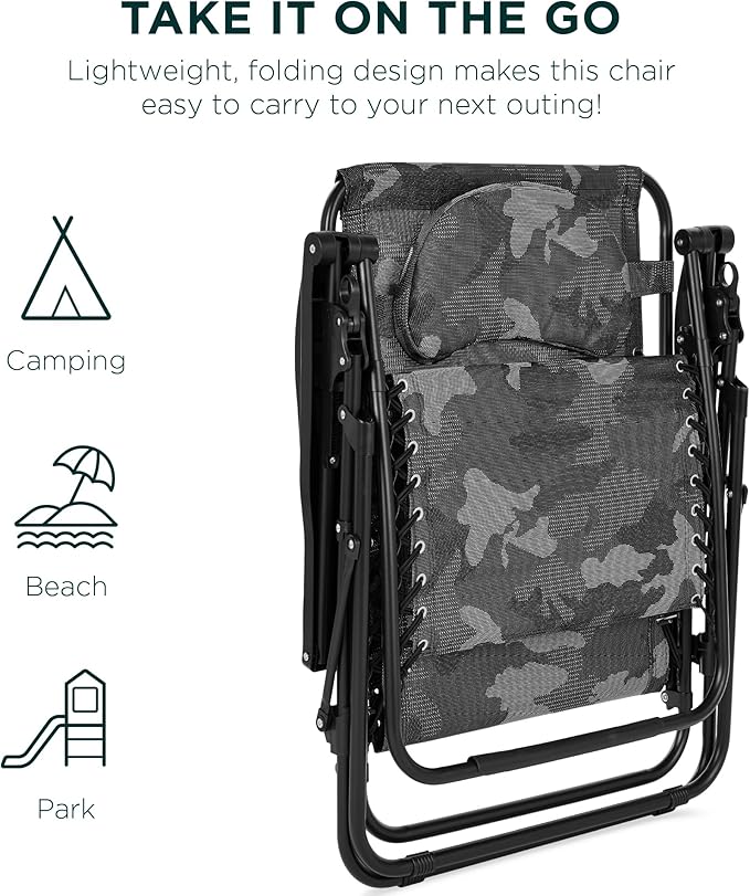 Best Choice Products Oversized Zero Gravity Chair, Folding Outdoor Patio Lounge Recliner w/Cup Holder Accessory Tray, Pillow - Camouflage