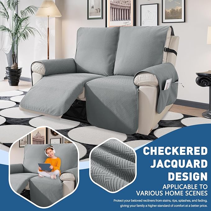 Easehomey Water Resistant Loveseat Recliner Cover Non Slip Sofa Cover for Reclining Sofa 2 Seat, Recliner Couch Cover Furniture Protector for Kids Pets with Elastic Band Pocket (Light Grey, 2 Seater)