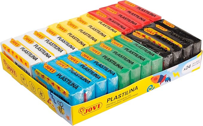 Jovi - Plastilina Pack, Reusable and Non-Drying Modeling Clay, 24 1.75oz. Plasticine Bars, 100% Vegetable-Based, 6 Basic Colors Assortment, Gluten-Free, Non-Toxic, Great for Home and School