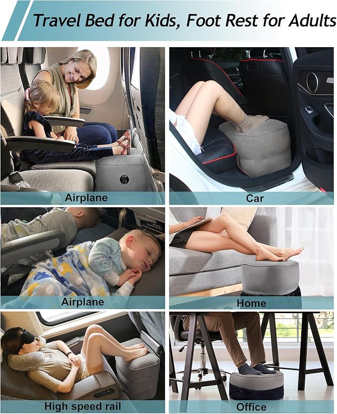 JefDiee Inflatable Travel Foot Rest Pillow,Kids Airplane Bed,Adjustable Height Flight Pillow,Travel Essentials for Airplane,Office,Home,Trains,Cars