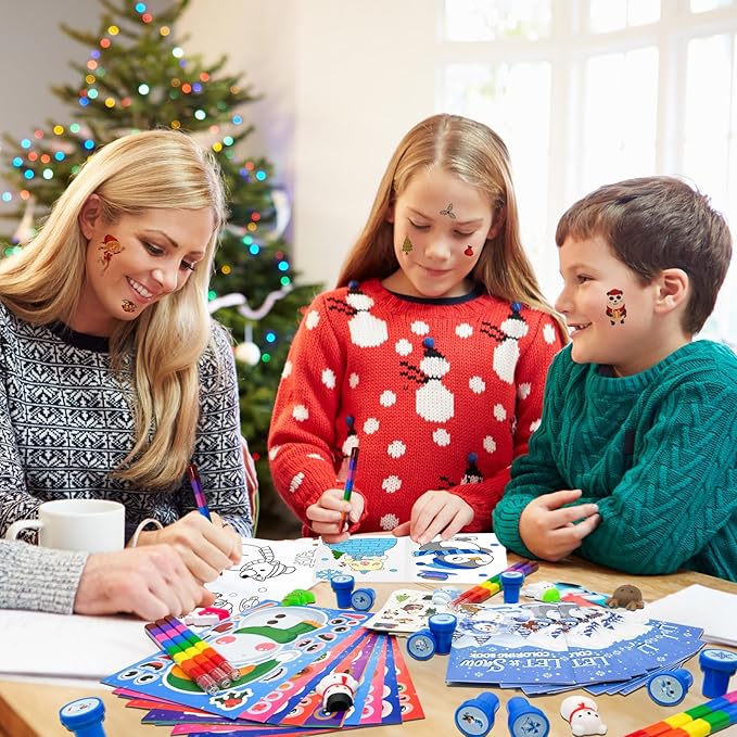 Cinrobiye 144 Pcss Merry Christmas Party Favors Max Holiday Coloring Books Tattoo DIY Sticker Stampers Class Reward Prizes for Christmas Holiday Winter Party supplies (Winter2)