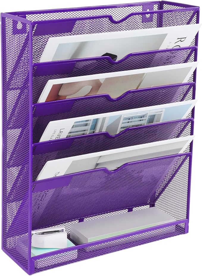 EASEPRES 6 Tier Mesh Hanging Wall File Organizer, Desk Vertical Mail Paper Document Folder Holder Rack with Bottom Tray and Nametag Label for Office Home School, Purple