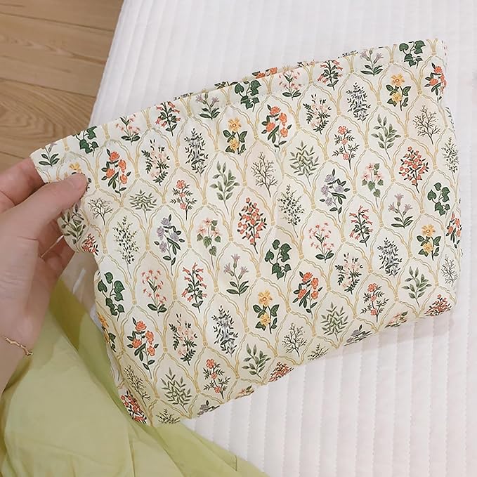 HAPPYHEIDI Large Floral Cotton Makeup Bag Cosmetic Travel Pouch, Make Up Purse Organizer, Canvas Lined Cute Grid Flower Show