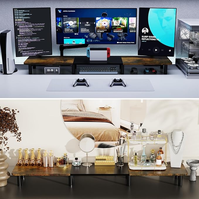 WEGASTU 43.7" Extra Long Dual Monitor Stand Riser, Wood & Steel Monitor Stand for 2 Monitors, Wide TV Stand, Desktop Riser for Desk Organization, Home Office、Laptop,Printer,TV (Vintage black)