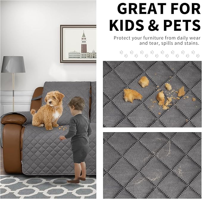 Easy-Going Loveseat Recliner Cover, Reversible Couch Cover for Double Recliner, Split Sofa Cover for Each Seat, Furniture Protector with Elastic Straps for Kids, Dogs, Pets(2 Seater, Gray/Light Gray)