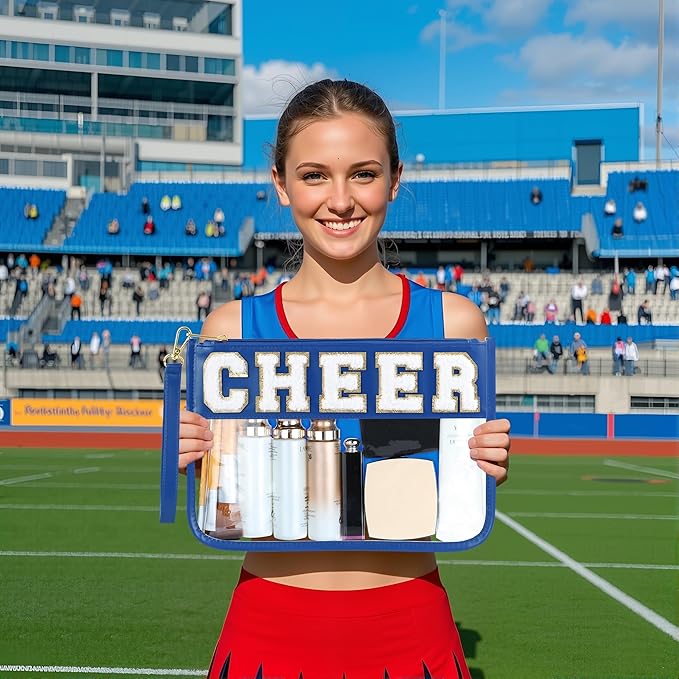 BuyCard Cheer Chenille Letter Bags Clear Makeup Bag, Cheerleader Gifts Cosmetic Bag, Varsity Preppy Patch Flat Pouch Cheer Accessories, Waterproof PVC Organizer Toiletry Bag for Women Girls Navy Blue