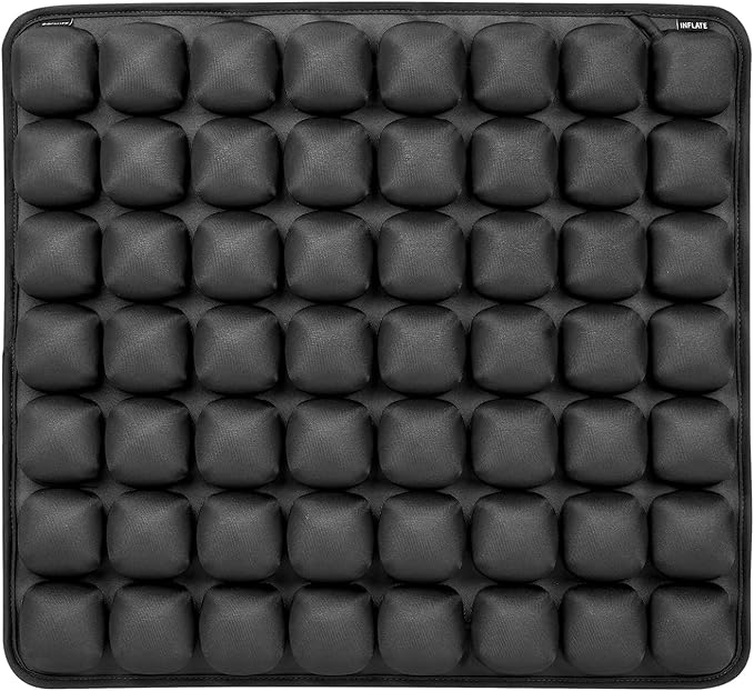 Inflatable Seat Cushion with Built-in Pump - Adjustable 3D Air Travel Cushion for Airplane, Car, Wheelchair - Portable Black Chair Pad for Long Flights, Driving, 17.7x15.7 Inches Black