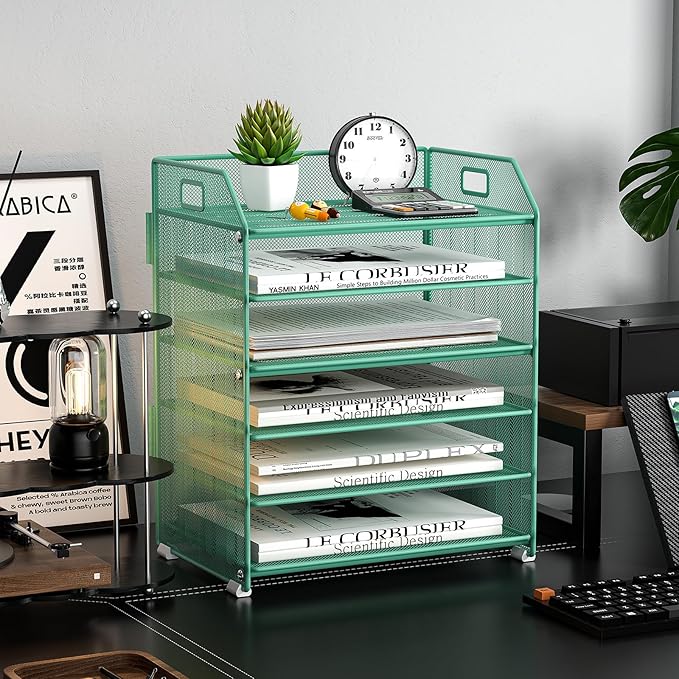 6 Tier Desk Organizer, Heavy-Duty Thick Metal Letter Tray Organizer, Large Capacity Desktop File Organizer for Heavy Files, Easy to Assemble for Home, Office & Classroom,Black,Green