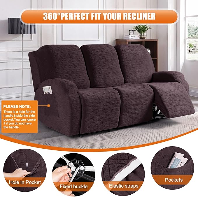 VANSOFY Recliner Cover, 3-Pieces Stretch Reclining Couch Covers with Pockets Reclining Sofa Slipcovers 3 Seater Soft Washable Furniture Protector for Dogs Cats(Chocolate)