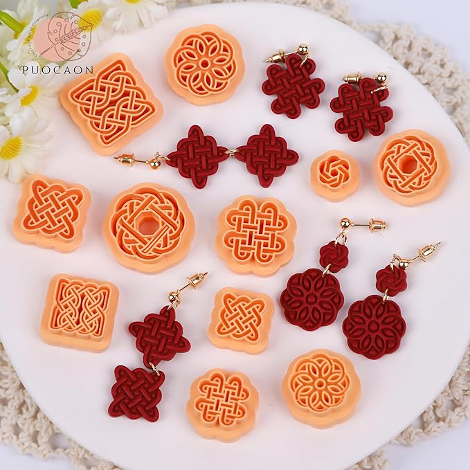 Puocaon Weave Knot Clay Cutters - 12 Pcs Clay Cutters for Polymer Clay Earrings Jewelry Making, Rattan Polymer Clay Cutters for Earrings, Boho Embossed Knot Clay Earring Cutters, Wicker Clay Cutters