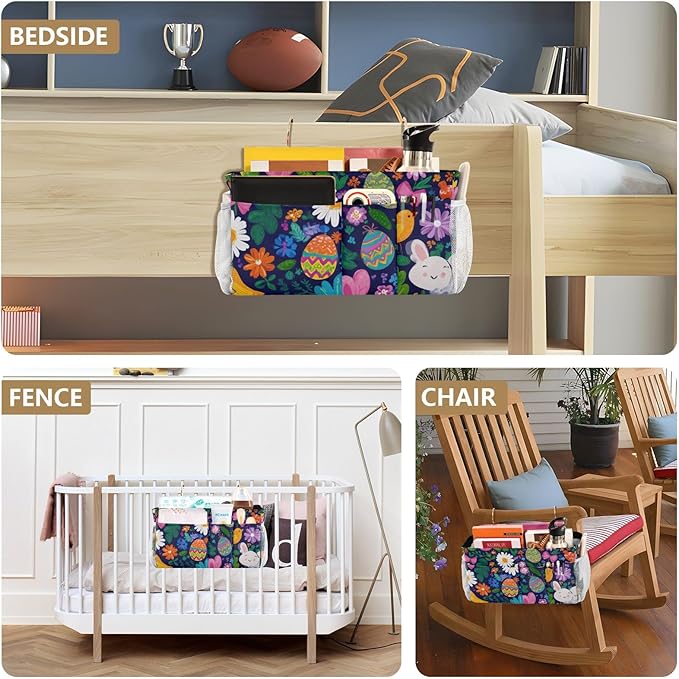 Easter Daisy Rabbit Birds Eggs Bedside Caddy for Dorm Bed Bedside Hanging Caddy Bag Iron Frame Storage Organizer Pocket for Bunk Home College Hospital Beds 2 Hooks