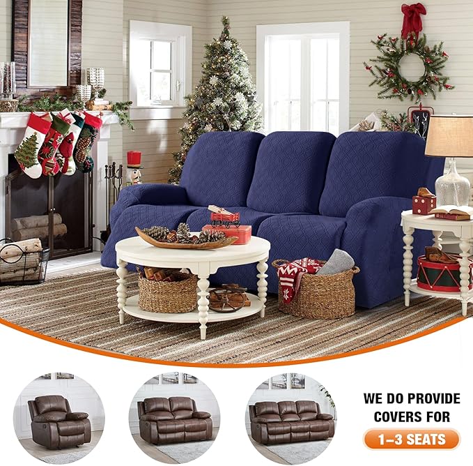 VANSOFY Recliner Cover, 3-Pieces Stretch Reclining Couch Covers with Pockets Reclining Sofa Slipcovers 3 Seater Soft Washable Furniture Protector for Dogs Cats(Navy Blue)