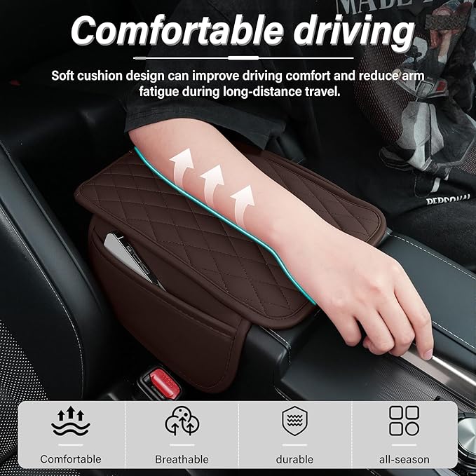 Amiss Car Center Console Cover, Upgraded Leather Car Armrest Cushion with 2 Storage Pockets, Universal Waterproof Cushion Pad, Non-Slip Car Interior Accessories, Fits Most Sedans SUVs Trucks (Brown)