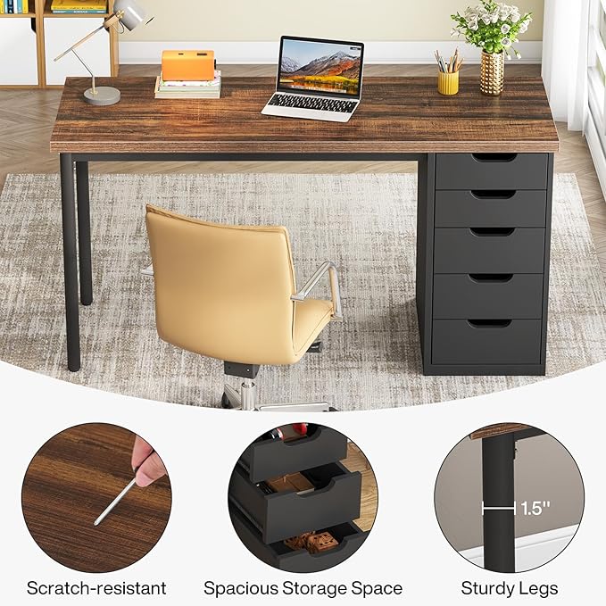 Tribesigns Computer Desk with 5 Drawers, 47 inches Rustic Brown Home Office Desk with Storage, Modern Simple Laptop Desk Study Writing Table for Small Spaces (1, Brown+Black)