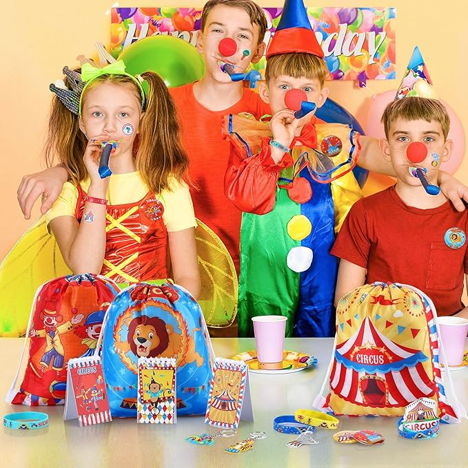 Cholemy 91 Pcs Circus Carnival Party Favors Include Circus Clown Animal Keychains Rubber Bracelets Stickers Button Pins Mini Notebooks Drawstring Bags Backpack Flexible Soft Pencil for Party