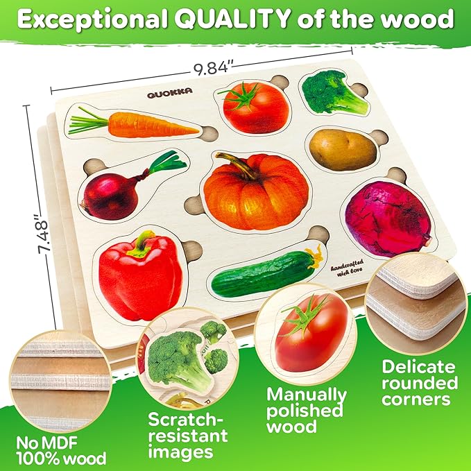 QUOKKA Wooden Puzzles for Toddlers 1-3 – 3xSET Kids Puzzles Ages 2-4 – Montessori Toy Puzzles for Toddlers 3-5 – Wood Toy Learning Realistic Fruits - Cars - Vegetables for Boy and Girl