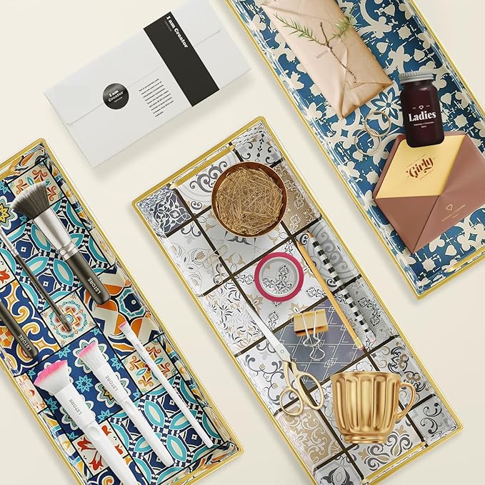 Leemxiiny Plastic Gold Vanity Tray with Handles, Small Decorative Tray Desktop Storage Organizer for Bathroom, Living Room, 13.7"*5.9"*1.37"