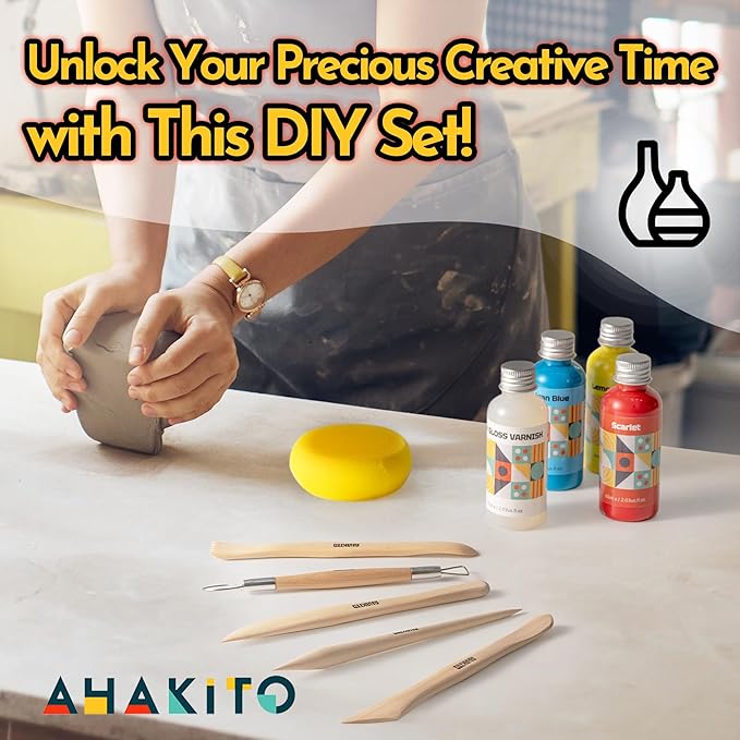 Ahakito Air Dry Clay for Adults, Pottery Clay DIY Kits for Adults Includes: Air Clay, Clay Sculpting Tools, Clay Paint, Brushes, Gloss Varnish for Air Dry Clay and Step-by-Step Comprehensive Guide