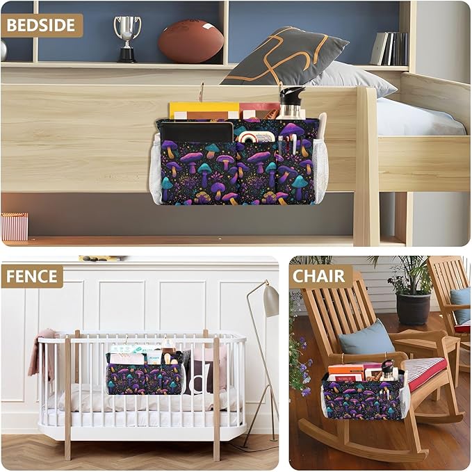 Neon-colored Mushrooms Stars Dots Bedside Caddy for Dorm Bed Bedside Hanging Caddy Bag Iron Frame Storage Organizer Pocket for Bunk Home College Hospital Beds 2 Hooks