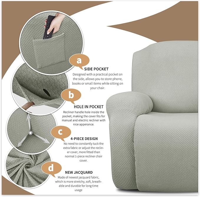 JIVINER 6-Piece Loveseat Recliner Slipcover Stretch Jacquard Recliner Sofa Cover 2 Seater Washable Reclining Couch Cover with Pocket Fitted Furniture Protector Cover (Loveseat Recliner, Ivory)
