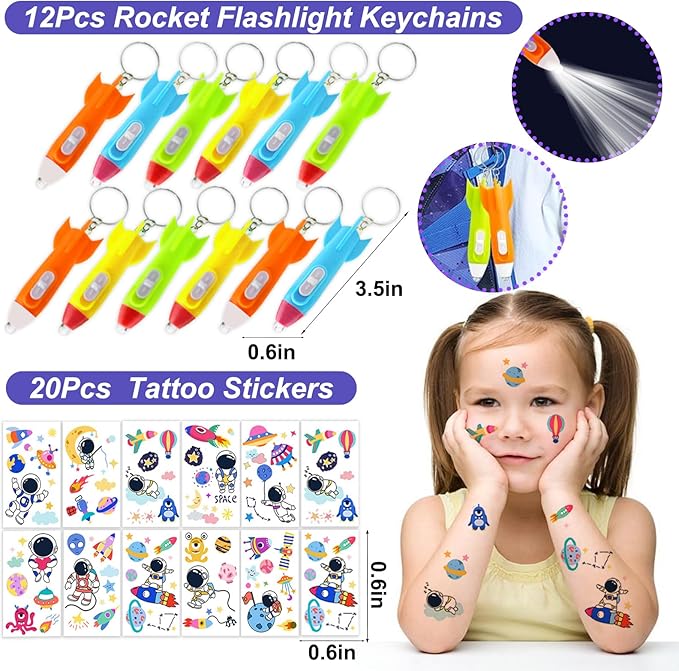 Bluegogo 151Pcs Space Party Favors, Space Birthday Party Decorations Include Stress Ball Bracelet Tattoo Stickers Stamp, Necklace, Rocket Keychain Gift Box for Kids Space Party Supplies