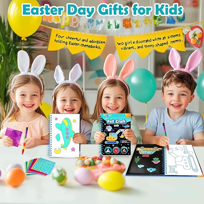 Foil Art Craft Activity for Kids: Fun DIY Toy Sticker Kit, No Mess Creative Travel Supply Set, Idea Birthday Easter Basket Stuffers Valentines Gift for Girl Boy Toddler 4 5 6 7 8 9 Year Old(Vehicle)