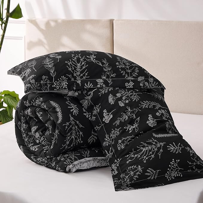 Bedsure Queen Comforter Set - Black Bed Set, 3 Pieces Cute Floral Bedding, 1 Soft Reversible Botanical Flowers Comforter and 2 Pillow Shams