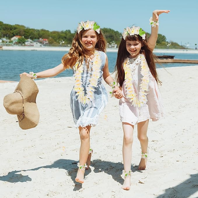 HOBBY HORSE 24 Pieces Hawaiian Luau Flower Leis Halloween Decor Leis White Necklaces Bracelets Headband Anklets Set Tropical Party Favor for Halloween Cosplay Beach Wedding Birthday Party Supplies