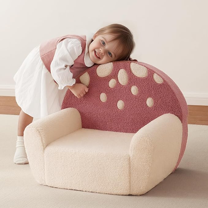 Blissful Diary Toddler Chair Comfy, Foam Kids Chair with Soft Teddy Plush, Toddler Reading Armchair with Cute Mushroom Designs- Rusty Red