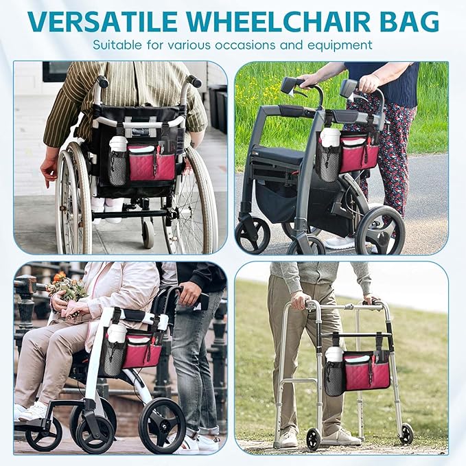 Wheelchair Bag with Cup Holder, Wheelchair Accessories Armrest Side Bag Multi Pockets Pouch for Electric Wheelchairs, Walker, Rollators & Mobility Scooters, Adults, Seniors, Plum