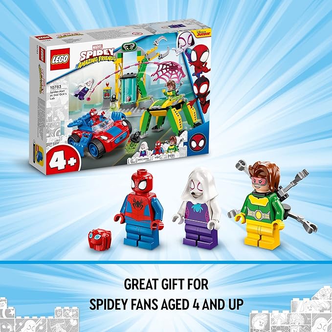 LEGO Marvel Spidey and His Amazing Friends Spider-Man at Doc Ock’s Lab 10783 Building Kit; Super-Hero Playset with Spider-Man, a Vehicle and 2 Other Minifigures; Gift for Kids Aged 4+ (131 Pieces)