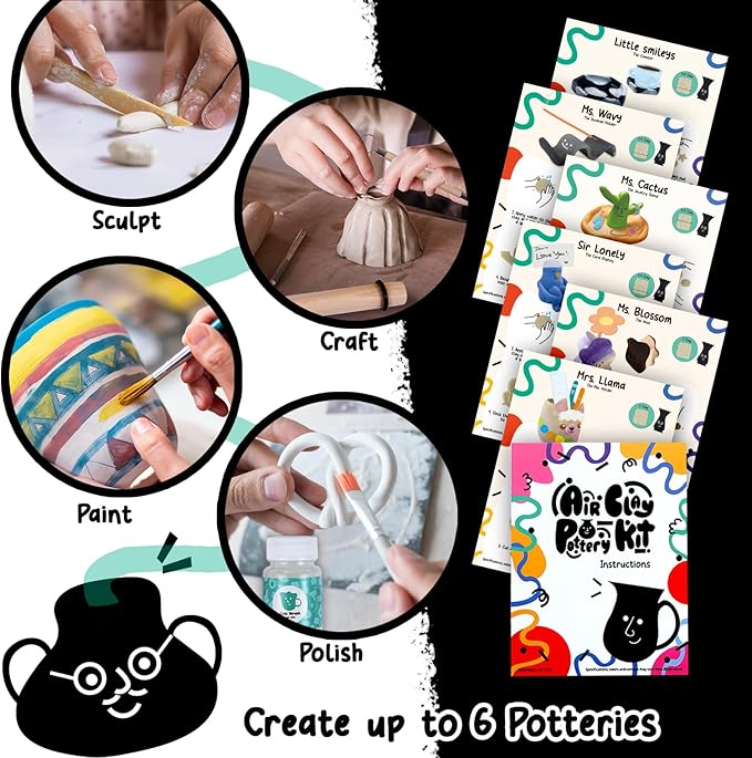 FosterToys™ Air Dry Clay Pottery Kit for Beginners | DIY Clay Kit for Adults, Sculpting Tools Set & Step-by-Step Guide, 12 Paints, Paintbrush, Varnish, Sponge, Kids Teen Party Birthday Holiday Gift