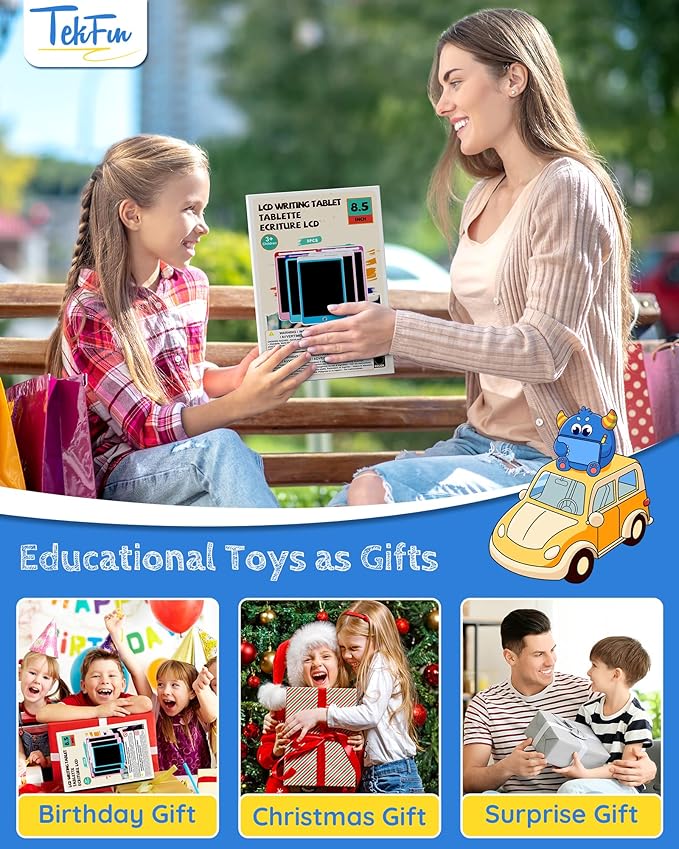 TEKFUN 3 Pack LCD Writing Tablet for Kids, 8.5 Inch Blue+Pink+Purple Doodle Board Drawing Board Reusable Drawing Tablet with Lanyard, Educational Kids